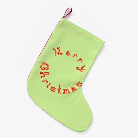 メリークリスマスレッドファブリックフォントライトグリーン スモールクリスマスストッキング (正面 (吊り時))