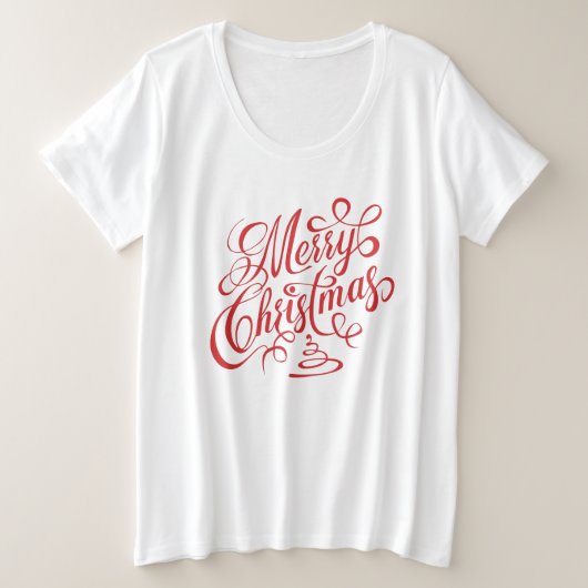 メリークリスマスレッドファンシーキュラシブタイポグラフィ プラスサイズTシャツ (デザイン正面)