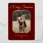 メリークリスマスレッドフォト金ゴールドフレーム雪片 箔シーズンカード (正面)