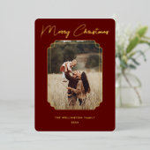 メリークリスマスレッドフォト金ゴールドフレーム雪片 箔シーズンカード (立ち正面)