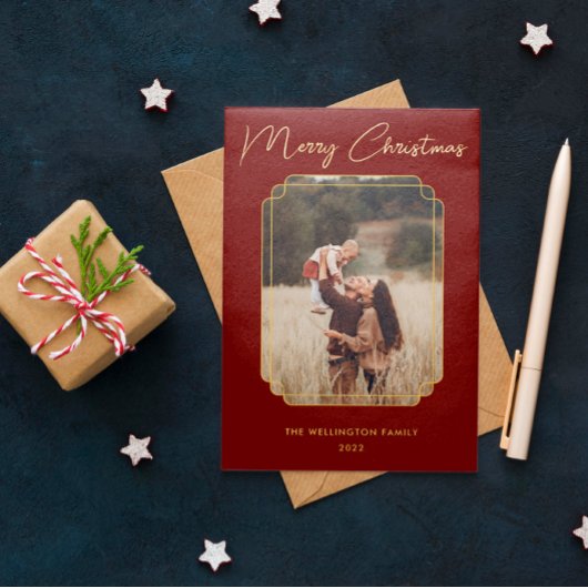 メリークリスマスレッドフォト金ゴールドフレーム雪片 箔シーズンカード