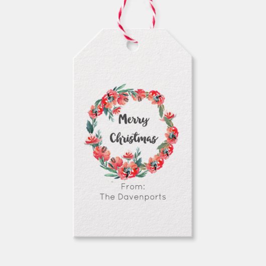 メリークリスマスレッドフローラウォーターカラーリース ギフトタグ (正面)