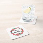 メリークリスマスレッドフローラウォーターカラーリース スクエアペーパーコースター (インサイチュ)