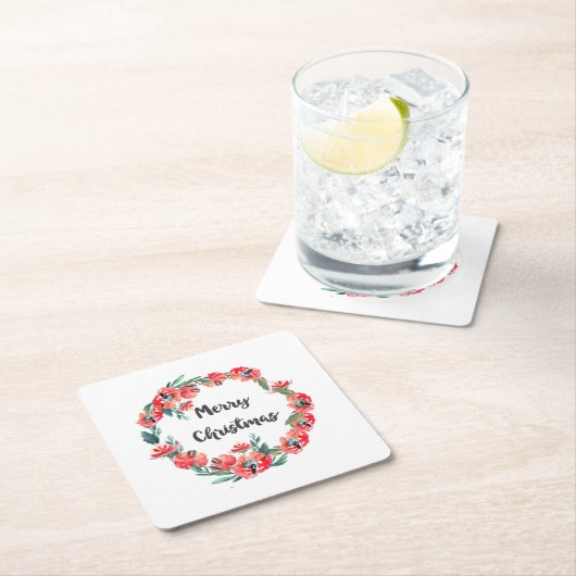 メリークリスマスレッドフローラウォーターカラーリース スクエアペーパーコースター (インサイチュ)