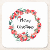 メリークリスマスレッドフローラウォーターカラーリース スクエアペーパーコースター (正面)