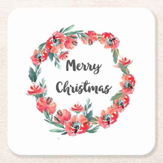 メリークリスマスレッドフローラウォーターカラーリース スクエアペーパーコースター (正面)