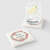 メリークリスマスレッドフローラウォーターカラーリース ストーンコースター (横)