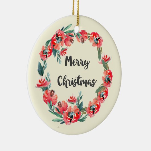 メリークリスマスレッドフローラウォーターカラーリース セラミックオーナメント (右)