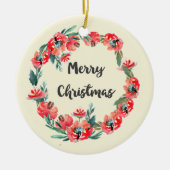 メリークリスマスレッドフローラウォーターカラーリース セラミックオーナメント (正面)
