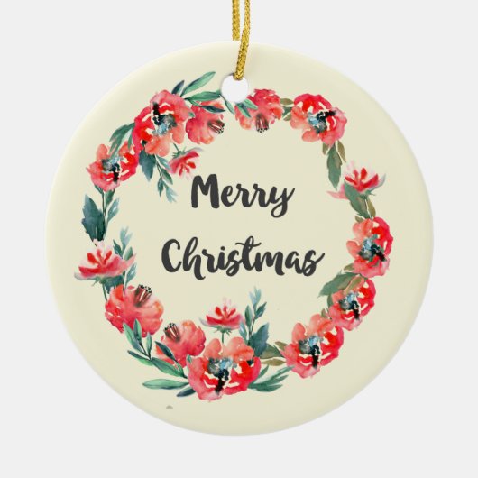 メリークリスマスレッドフローラウォーターカラーリース セラミックオーナメント (正面)