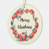 メリークリスマスレッドフローラウォーターカラーリース セラミックオーナメント (左)