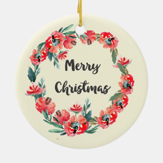 メリークリスマスレッドフローラウォーターカラーリース セラミックオーナメント (裏面)