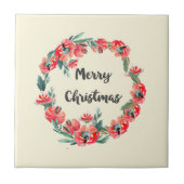メリークリスマスレッドフローラウォーターカラーリース タイル (正面)