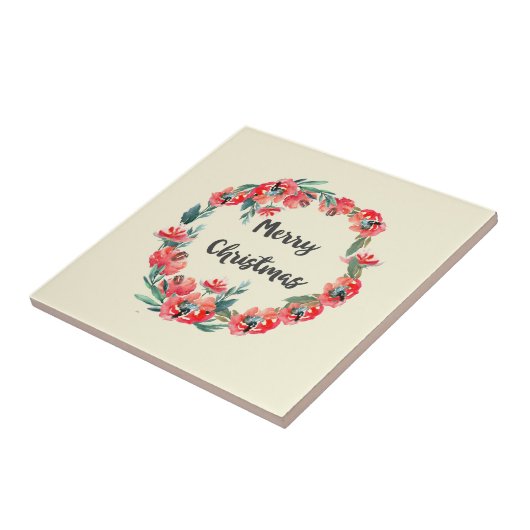 メリークリスマスレッドフローラウォーターカラーリース タイル (側面)