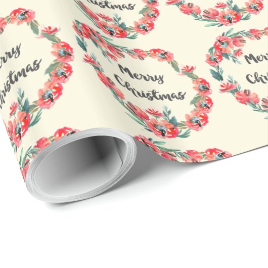 メリークリスマスレッドフローラウォーターカラーリース ラッピングペーパー (ロールコーナー)