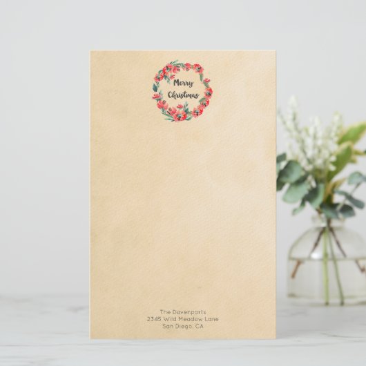 メリークリスマスレッドフローラウォーターカラーリース 便箋 (スタンド正面)