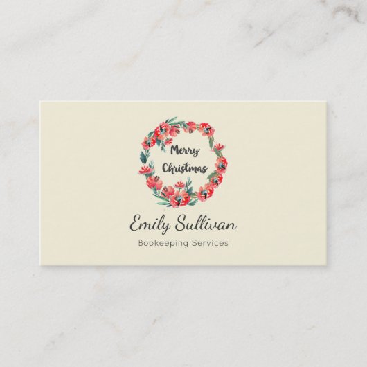 メリークリスマスレッドフローラウォーターカラーリース 名刺 (正面)
