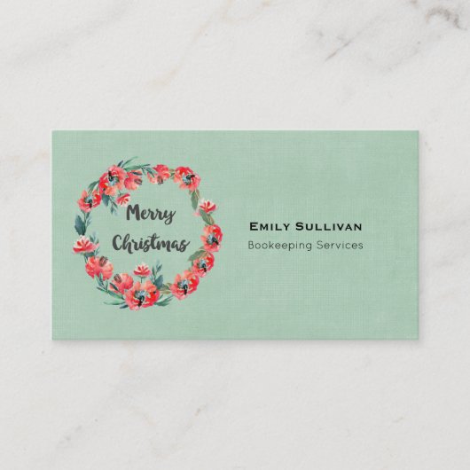メリークリスマスレッドフローラウォーターカラーリース 名刺 (正面)