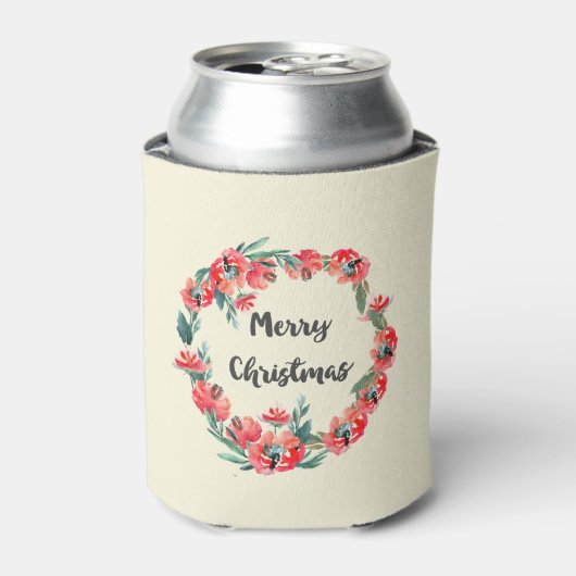 メリークリスマスレッドフローラウォーターカラーリース 缶クーラー (缶正面)