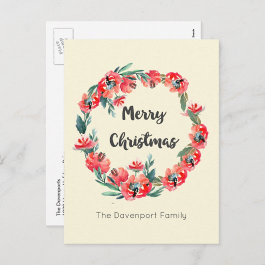 メリークリスマスレッドフローラホリデーリースカスタム シーズンポストカード (正面/裏面)