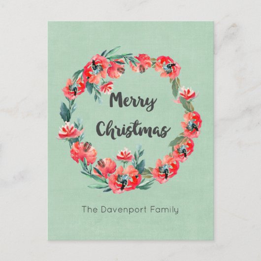 メリークリスマスレッドフローラホリデーリースカスタム シーズンポストカード (正面)