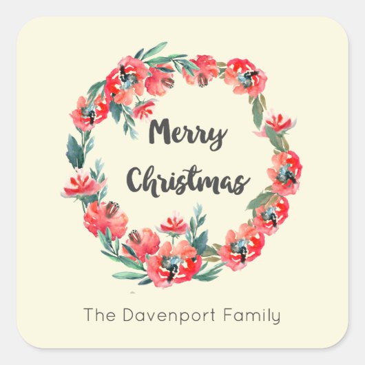 メリークリスマスレッドフローラホリデーリースカスタム スクエアシール (正面)