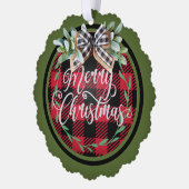 メリークリスマスレッドブラックバッファロープレイドリース オーナメントカード (左)