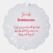 メリークリスマスレッドブラックバッファロープレイド雪だるま オーナメントカード (裏面)