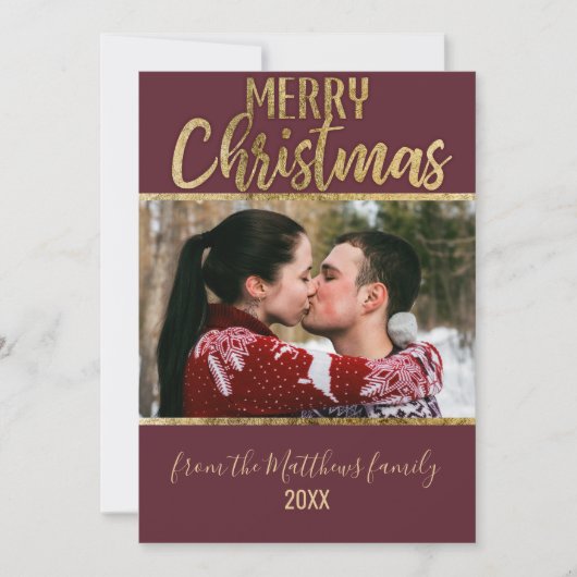 メリークリスマスレッドブルゴーニュ金ゴールドタイポグラフィ写真 シーズンカード (正面)