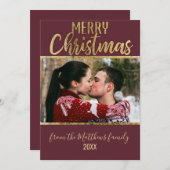 メリークリスマスレッドブルゴーニュ金ゴールドタイポグラフィ写真 シーズンカード (正面/裏面)