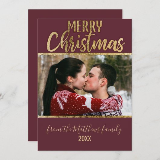 メリークリスマスレッドブルゴーニュ金ゴールドタイポグラフィ写真 シーズンカード (正面/裏面)