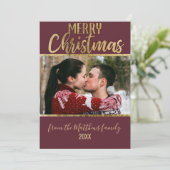 メリークリスマスレッドブルゴーニュ金ゴールドタイポグラフィ写真 シーズンカード (スタンド正面)