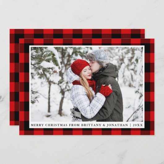メリークリスマスレッドプレイドカップルの写真カード シーズンカード (正面/裏面)