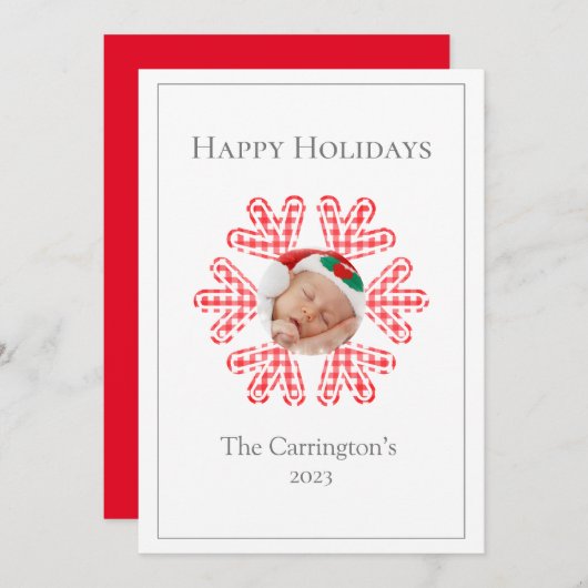 メリークリスマスレッドプレイドスノーフレークフォトホリデー (正面/裏面)