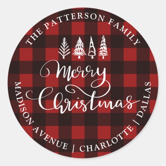 メリークリスマスレッドプレイドパターン差出人住所 ラウンドシール (正面)