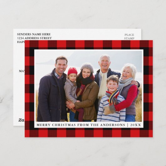 メリークリスマスレッドプレイドファミリーの写真 ポストカード (正面/裏面)