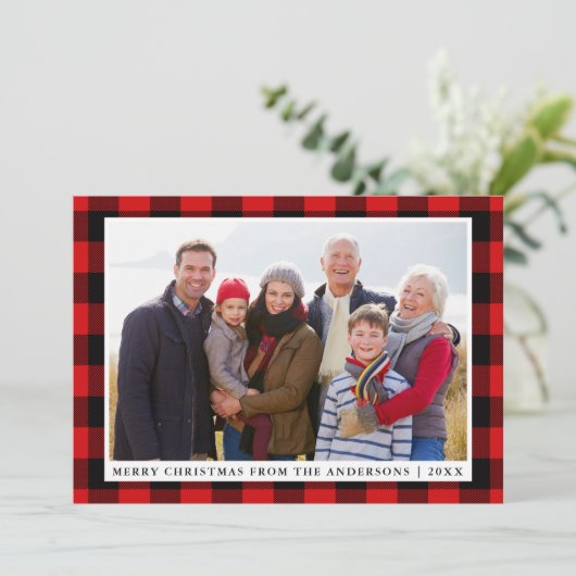 メリークリスマスレッドプレイドファミリーフォトカード シーズンカード (スタンド正面)