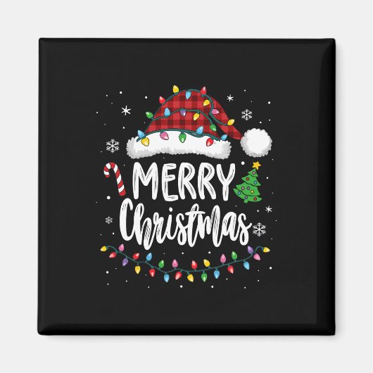 メリークリスマスレッドプレイドファミリーライトクリスマスメンズW マグネット (正面)
