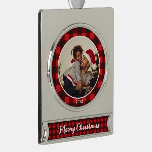 メリークリスマスレッドプレイドフォトクリスマス シルバープレートバナーオーナメント (右)