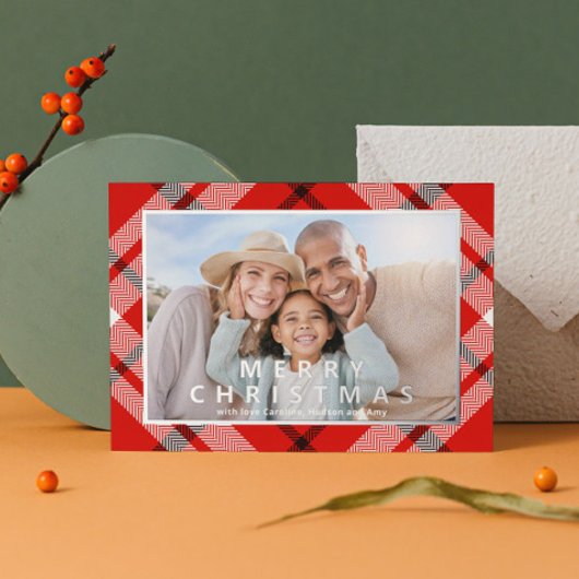 メリークリスマスレッドプレイドフォトフォイルホリデー 箔シーズンカード