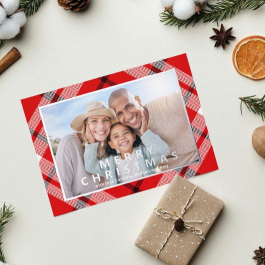 メリークリスマスレッドプレイドフォトフォイルホリデー 箔シーズンカード