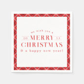 メリークリスマスレッドプレイドホリデー スタンダードカクテルナプキン (正面)