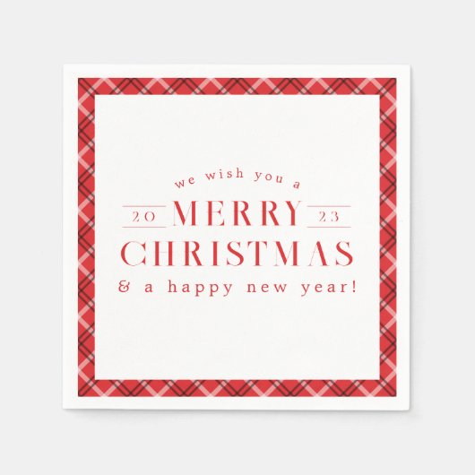 メリークリスマスレッドプレイドホリデー スタンダードカクテルナプキン (正面)
