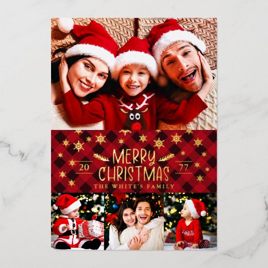 メリークリスマスレッドプレイド金ゴールド雪片4写真 箔シーズンカード (正面)