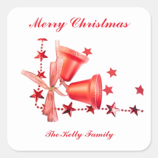 メリークリスマスレッドベルの文字 スクエアシール (正面)
