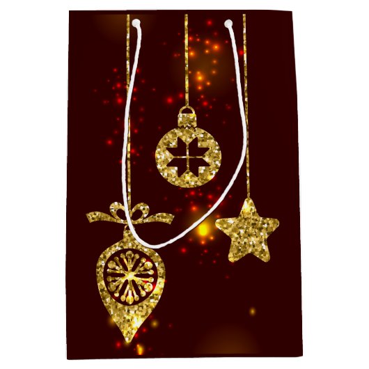 メリークリスマスレッドホリデイグリッター きらめく ミディアムペーパーバッグ (正面)