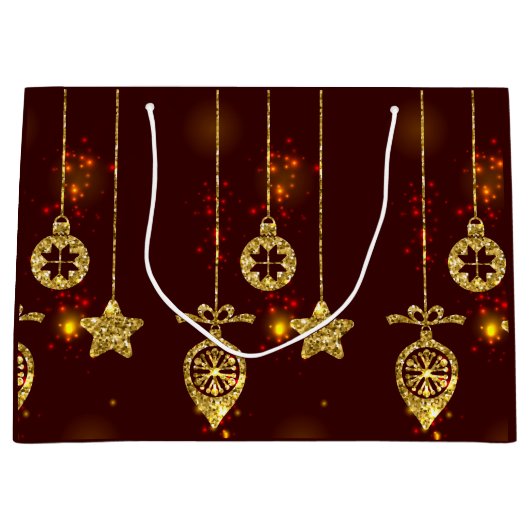 メリークリスマスレッドホリデイグリッター きらめく ラージペーパーバッグ (正面)