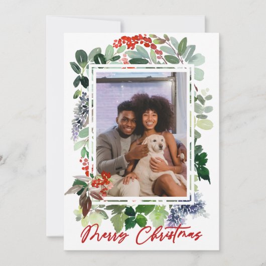 メリークリスマスレッドホリーフレーム写真ホリデーカー シーズンカード (正面)