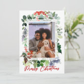 メリークリスマスレッドホリーフレーム写真ホリデーカー シーズンカード (スタンド正面)