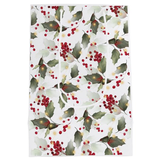 メリークリスマスレッドホリーベリー金ゴールドライト ミディアムペーパーバッグ (裏面)